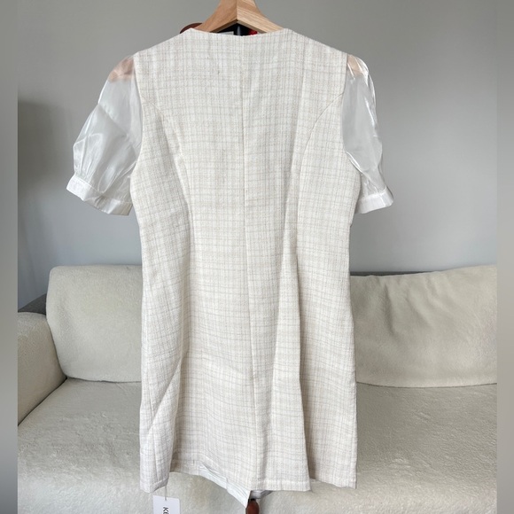 Tweed Double-Breasted Jacket Dress with Sheer Puff Sleeves – White & Gold Pastel - Picture 5 of 8